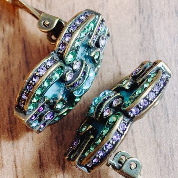 VTG Signed Heidi Daus Art Deco Rhinestone Blue Clip Earrings Collectible READ - Picture 7 of 16